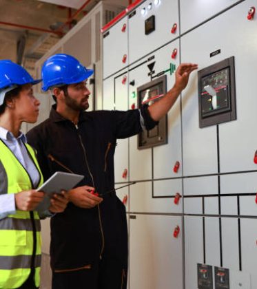 istockphoto-1454211616-612×612 Male and Female colleague electrical engineer work checking at Electrical Distribution Control Room